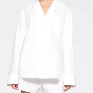 SKIMS Cotton Poplin Sleep Shirt Spa Button Up Long Sleeve Snow Logo White M